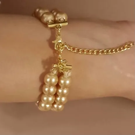 Estele Gold Plated Elegant & Modern Two-Line Glowing Golden Pearl Bracelet for Girls & Women