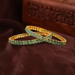 Estele Gold Plated Intricate Leafy Designer 2:6 Size Bangles with Green American Diamonds| Graceful Designer Jewelry for Women