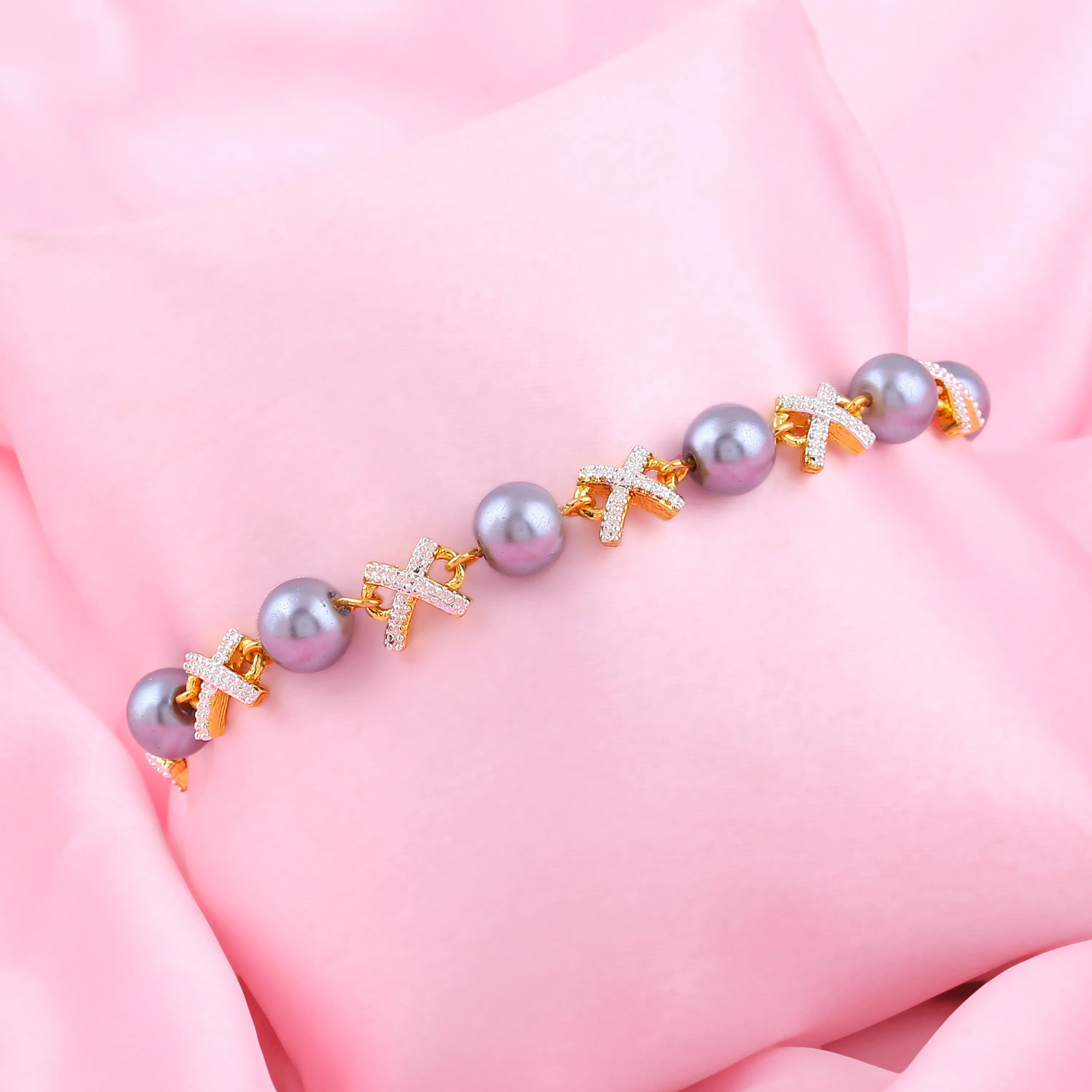 Estele Gold Plated Sparkling Grey Pearl Bracelet for Girls & Women