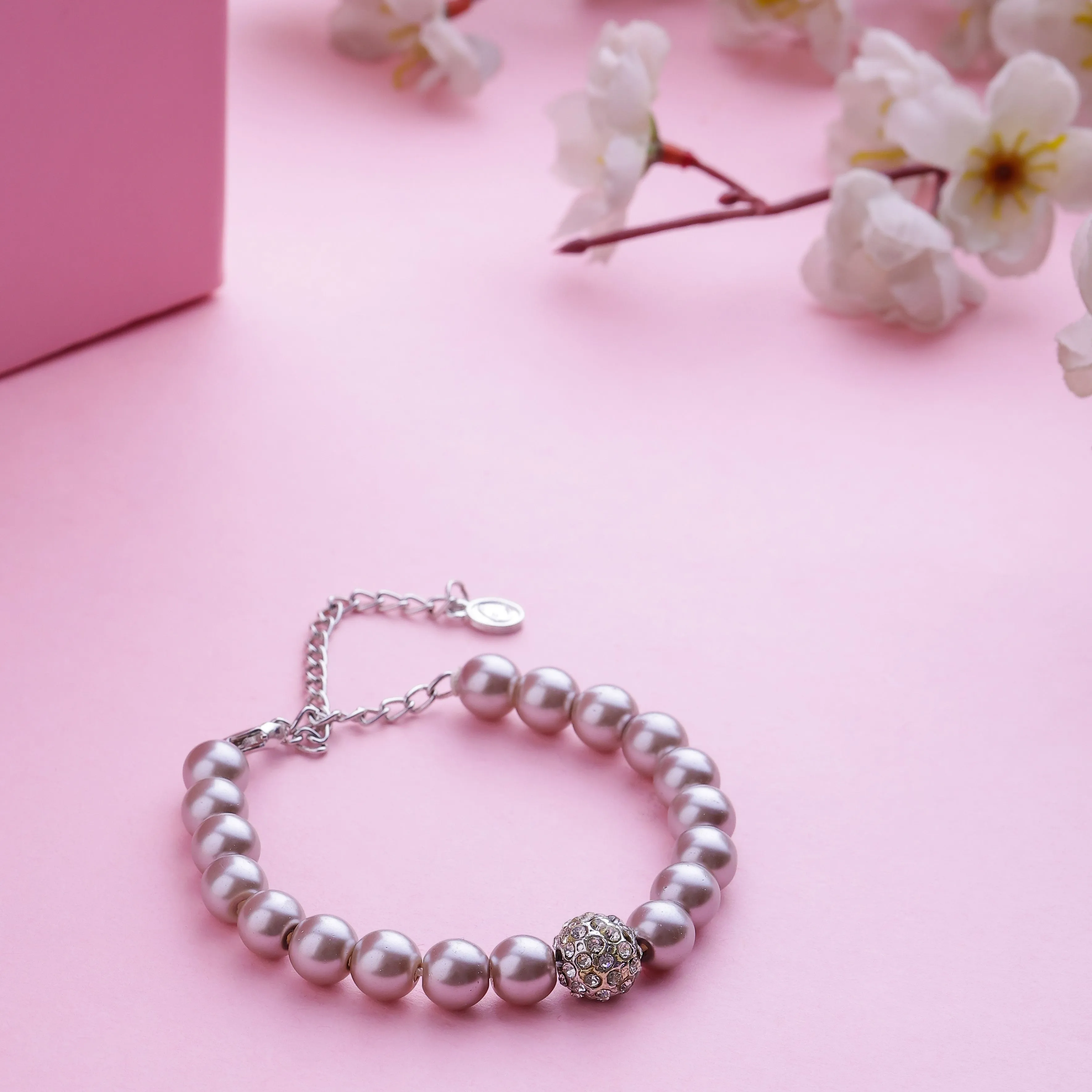 Estele Rhodium-Plated Elegant Single Line Purple Pearl Bracelet with White Crystals for Girls & Women