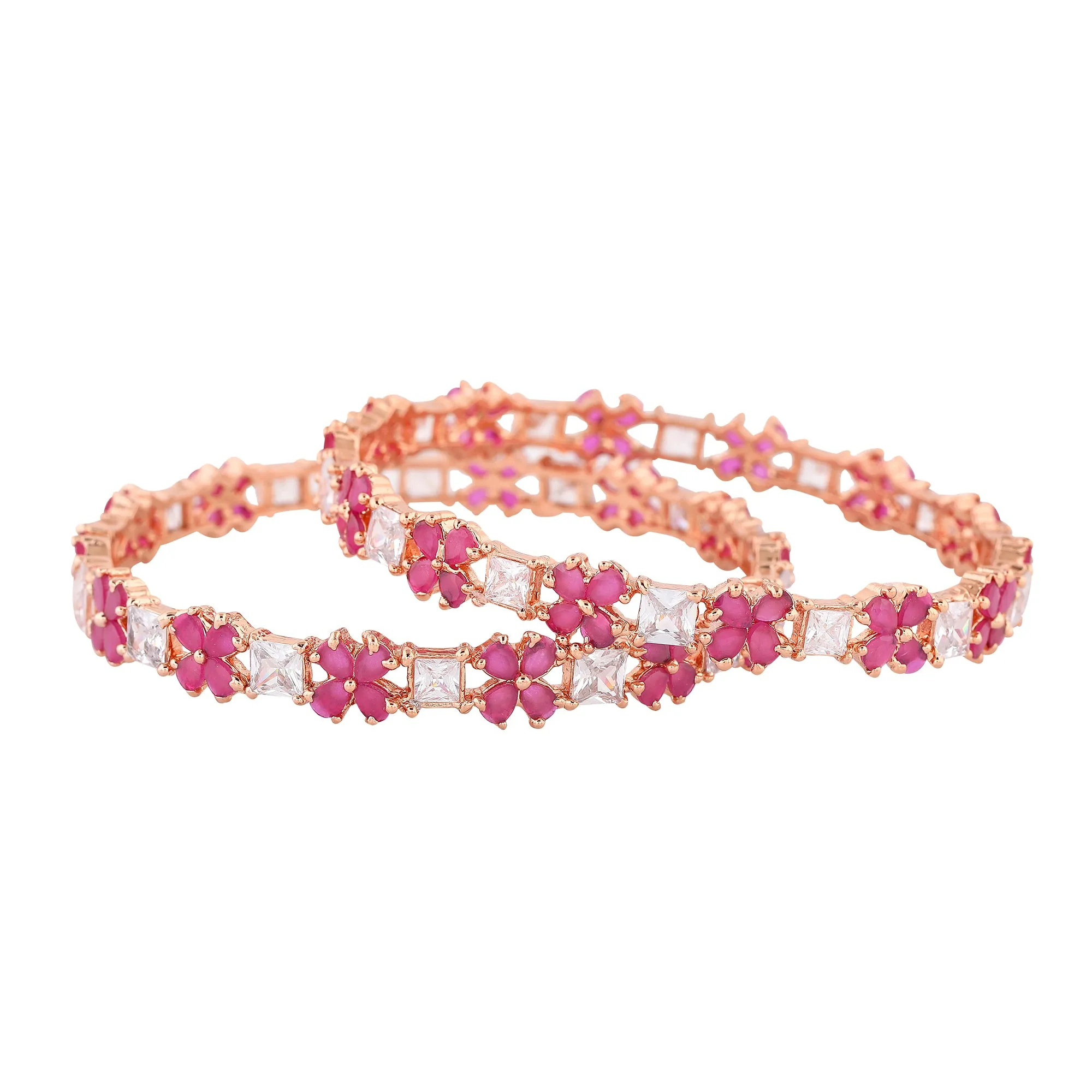 Estele Rosegold Plated Graceful Floral Designer 2:6 Size Bangles with Ruby American Diamonds |A Blend of Tradition & Vibrance for Women