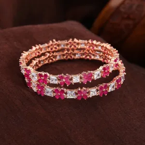 Estele Rosegold Plated Graceful Floral Designer 2:6 Size Bangles with Ruby American Diamonds |A Blend of Tradition & Vibrance for Women