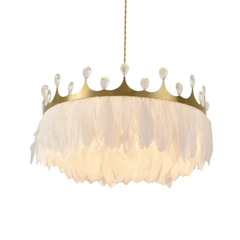 Gold Crown Chandelier: Artistic Feather Suspension Light with Crystal Deco