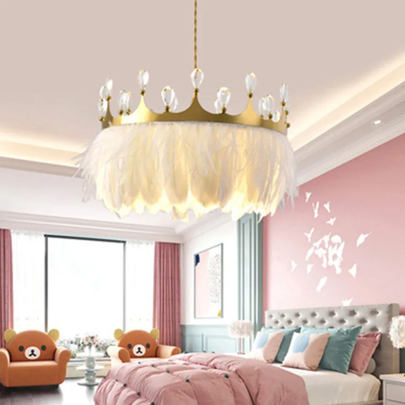 Gold Crown Chandelier: Artistic Feather Suspension Light with Crystal Deco