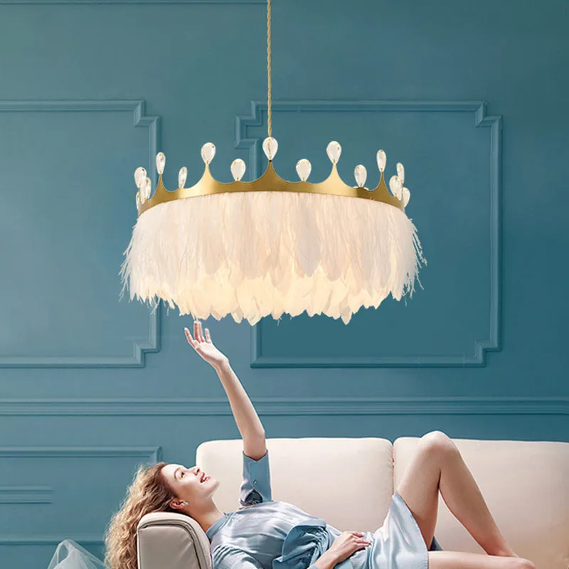 Gold Crown Chandelier: Artistic Feather Suspension Light with Crystal Deco