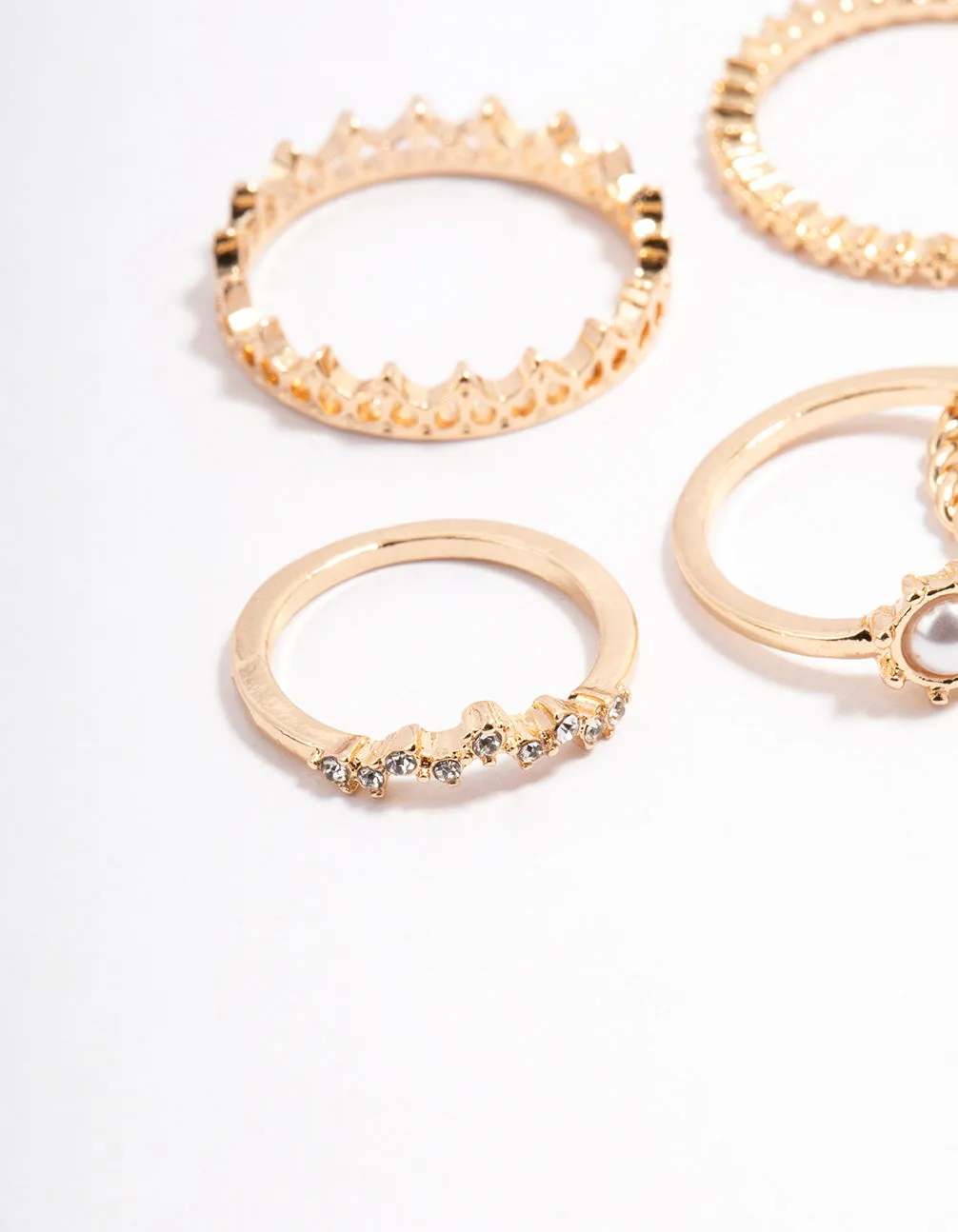 Gold Diamante & Pearl Crown Ring Pack