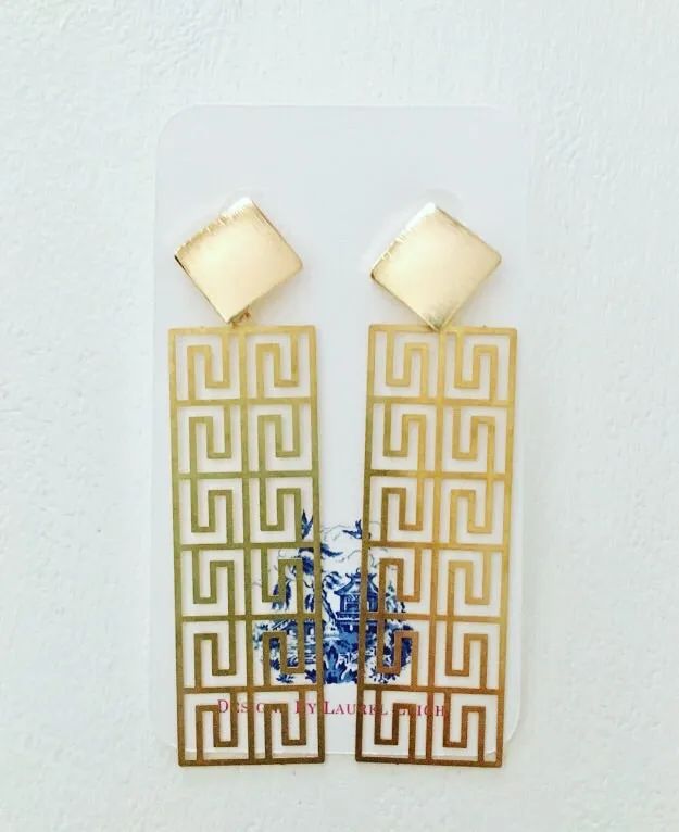 Gold Geometric Greek Key Post Earrings