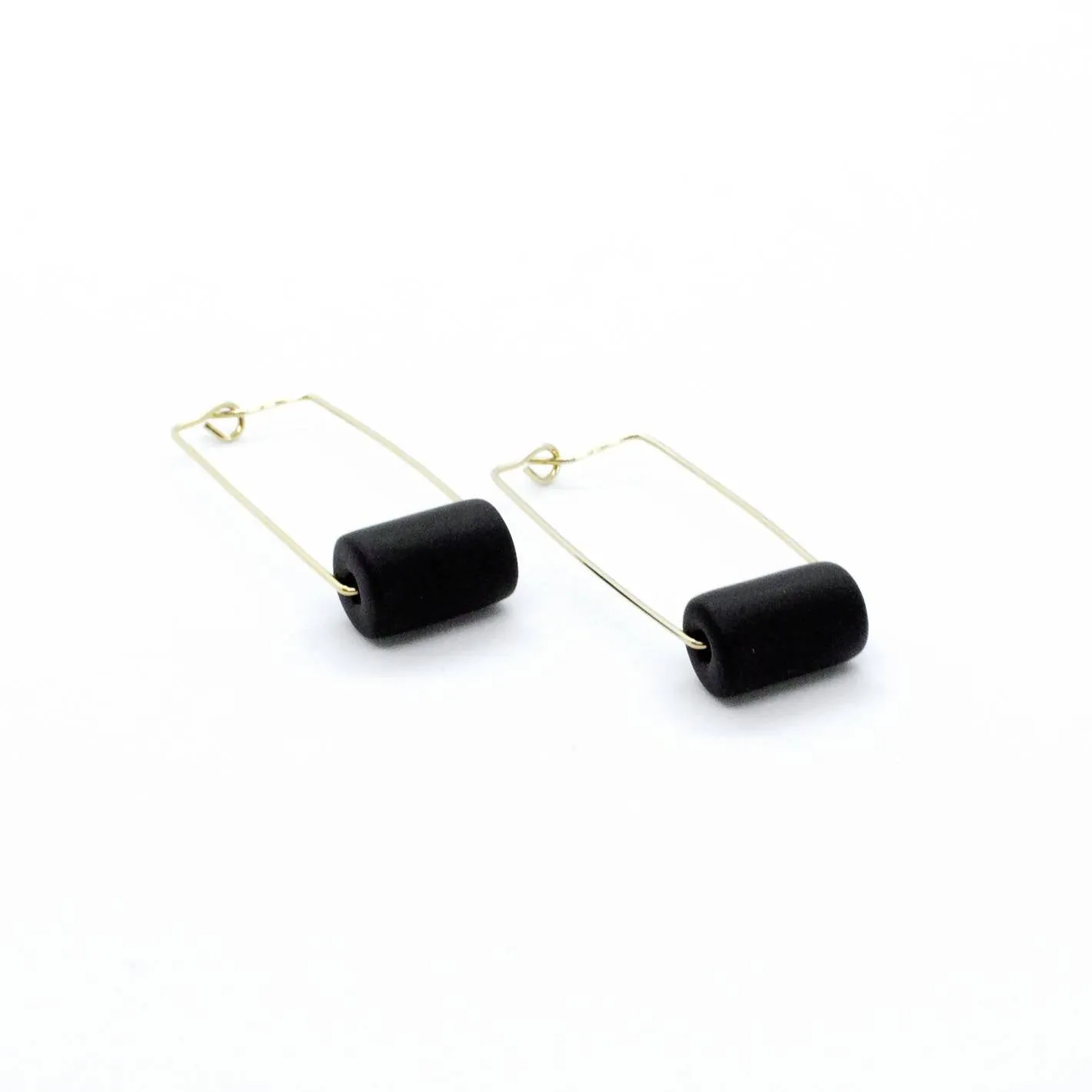 Gold Rectangle Earrings - Black Bead