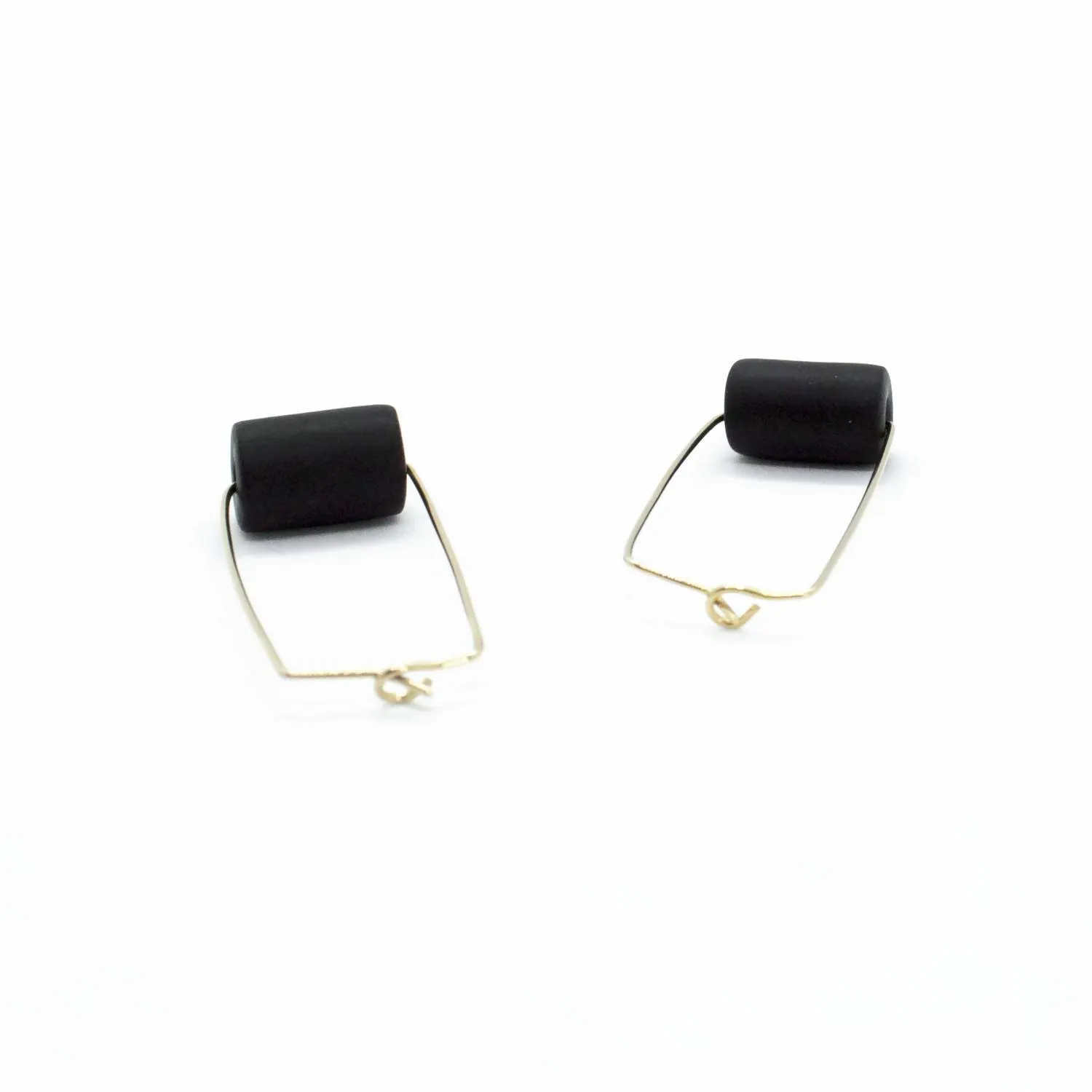 Gold Rectangle Earrings - Black Bead