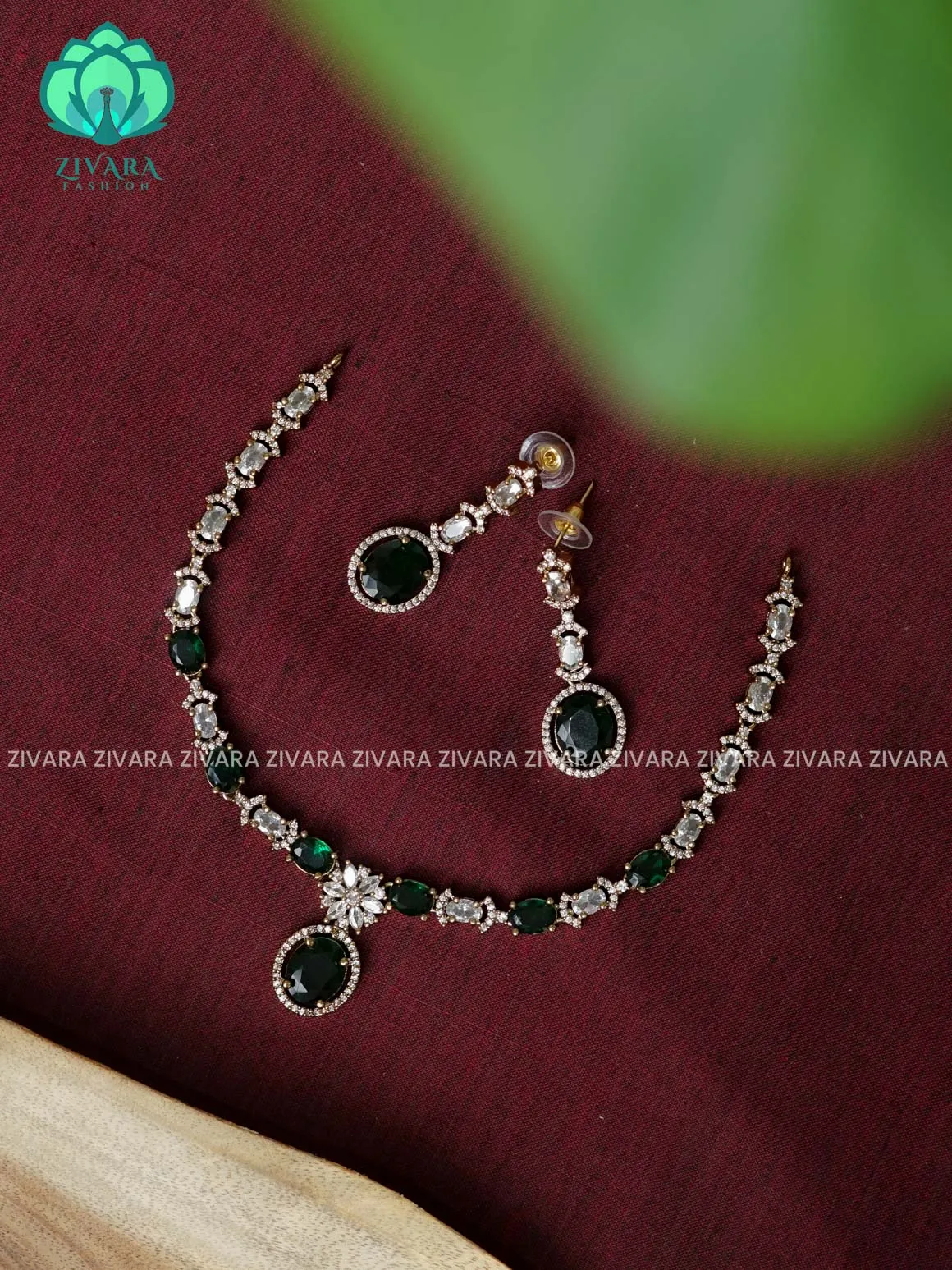 GREEN  - stone OVAL pendant  stylish and minimal elegant neckwear with earrings- Zivara Fashion