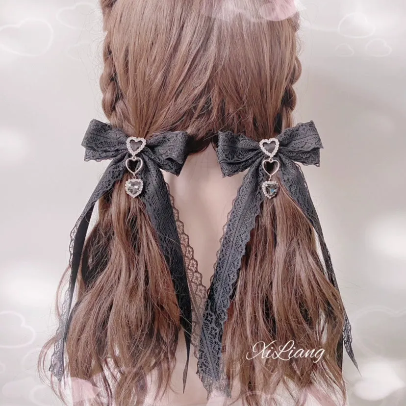 Handmade Lolita Hair Clip Black Lace Bow Rhinestone Hairpins