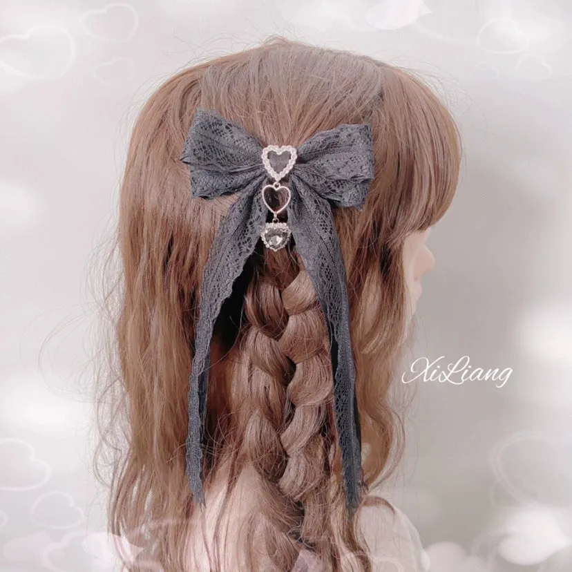 Handmade Lolita Hair Clip Black Lace Bow Rhinestone Hairpins