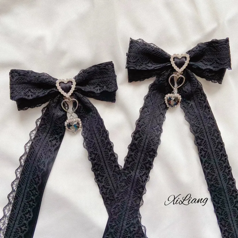 Handmade Lolita Hair Clip Black Lace Bow Rhinestone Hairpins