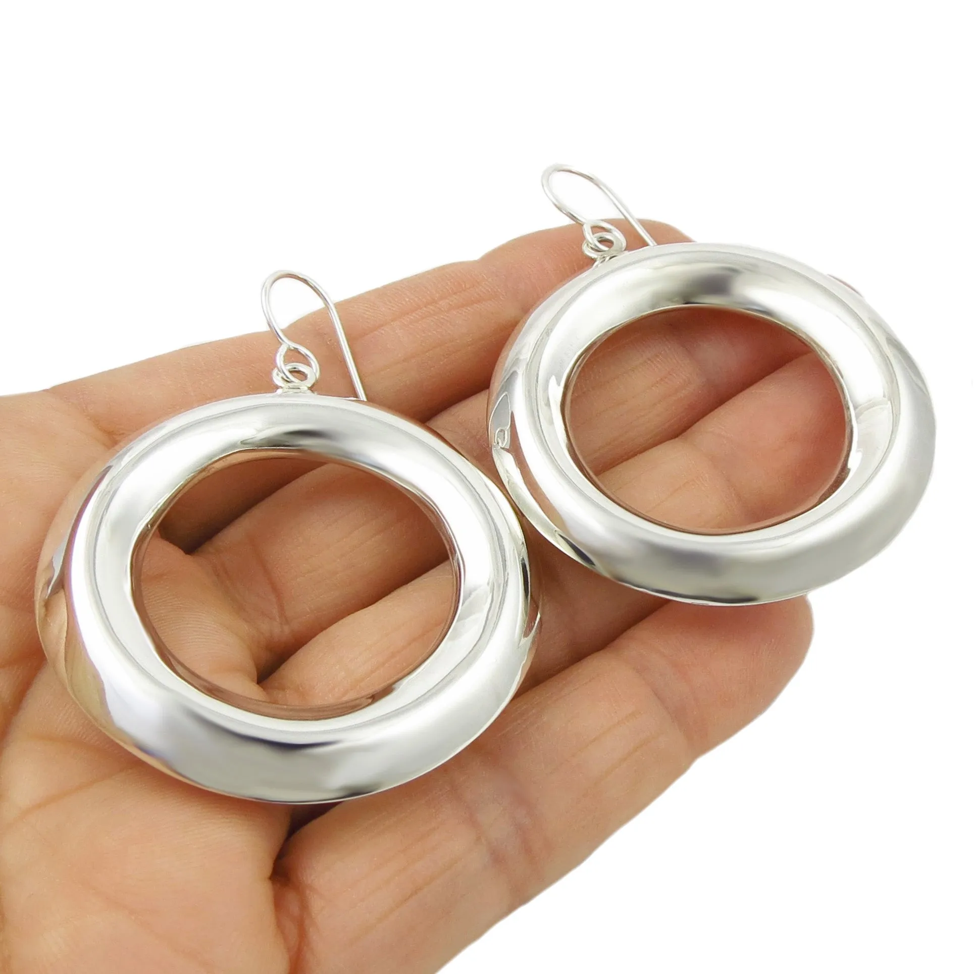 Hoops 925 Silver Polished Three-Dimensional Circle Earrings