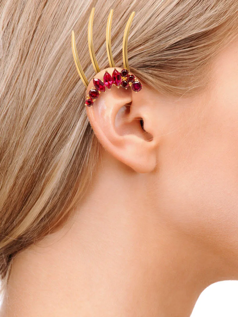 Isadora Spiked Ear Cuff Hair Comb With Red Garnets In 18K Yellow Gold