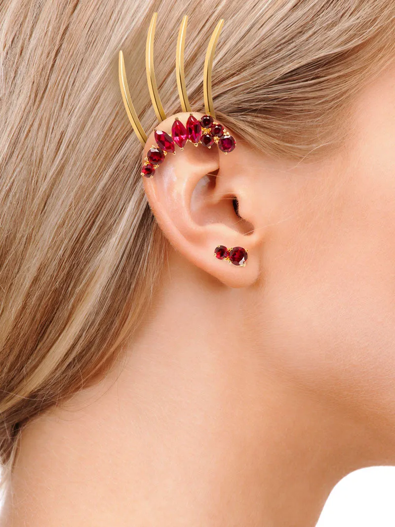 Isadora Spiked Ear Cuff Hair Comb With Red Garnets In 18K Yellow Gold