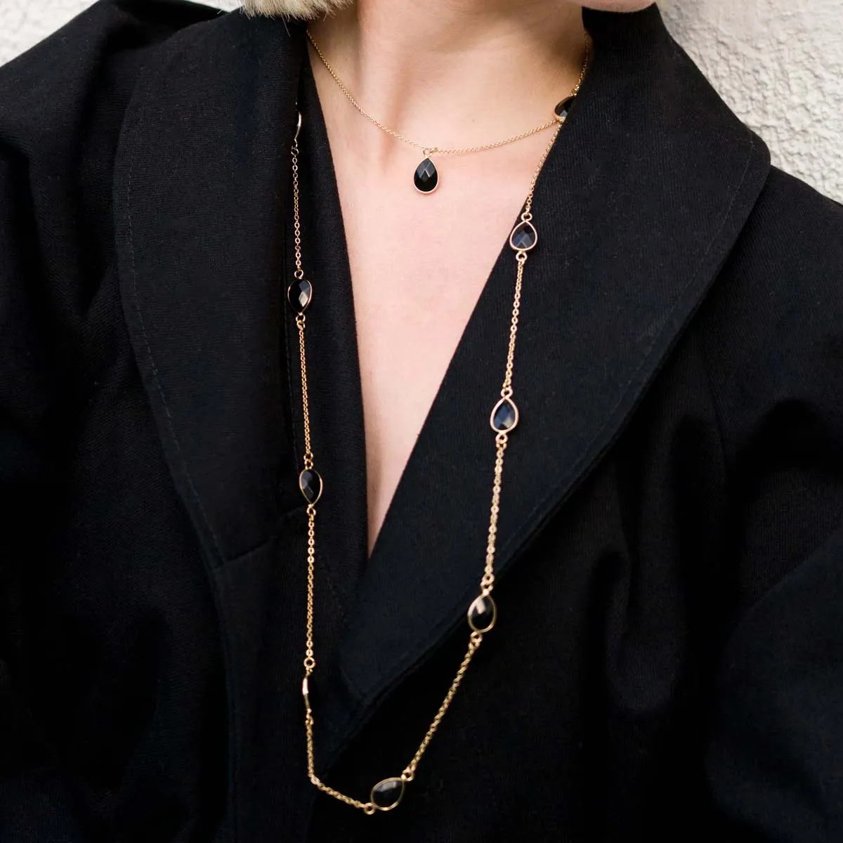 Long Black Spinel Multi Crystal Necklace In Gold-Tone