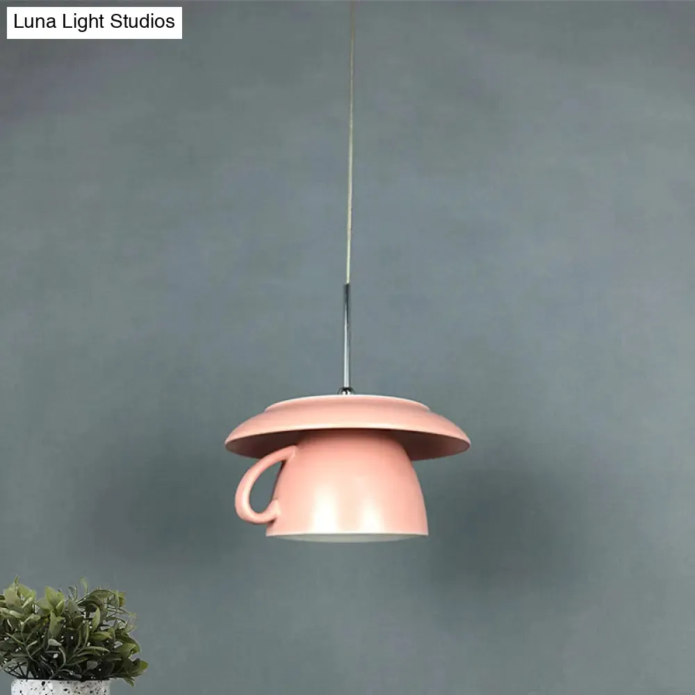 Macaron Pink/Grey/Green LED Pendant Lamp with Coffee Cup Ceramics Shade - Perfect for Restaurants - 1-Light Hanging Lighting