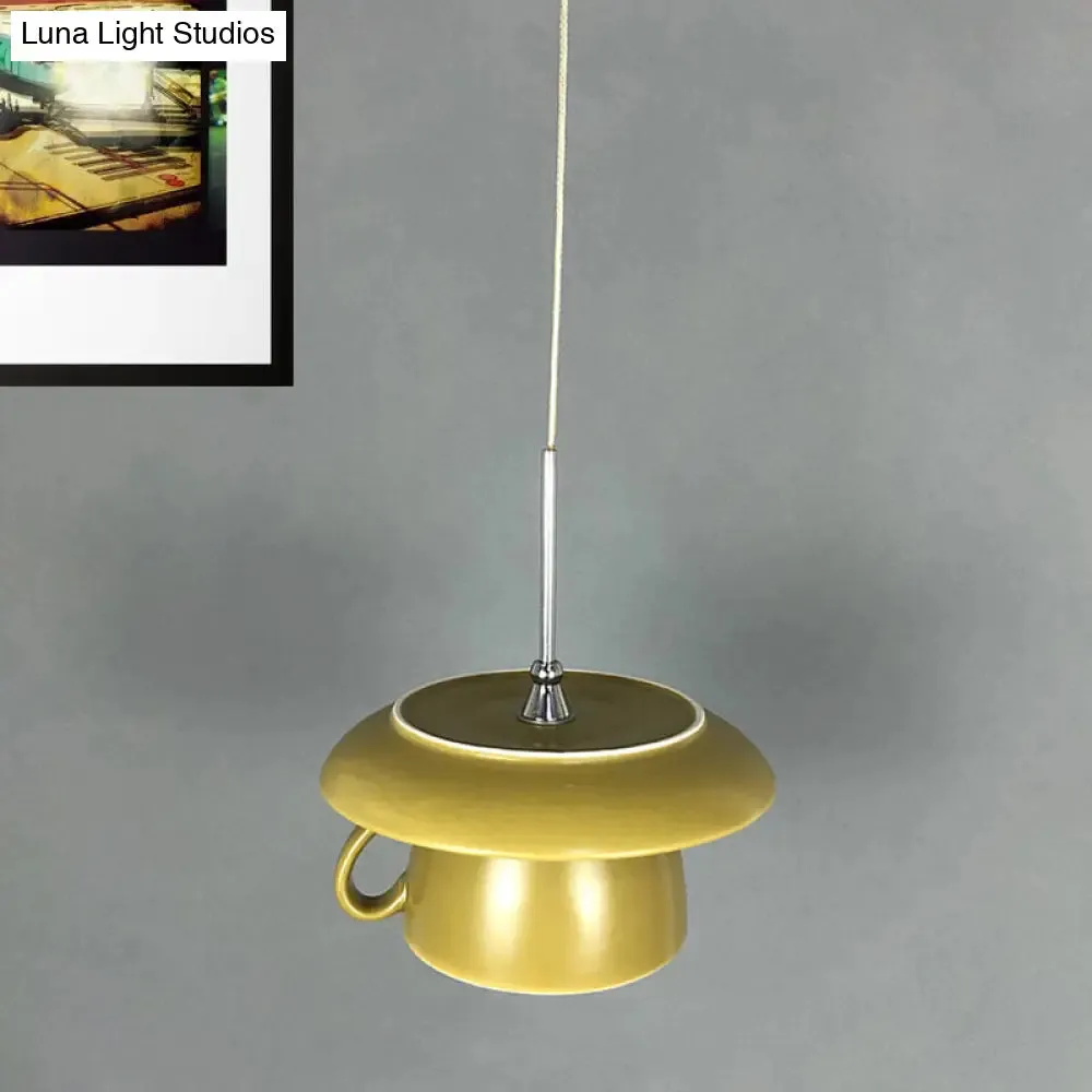 Macaron Pink/Grey/Green LED Pendant Lamp with Coffee Cup Ceramics Shade - Perfect for Restaurants - 1-Light Hanging Lighting