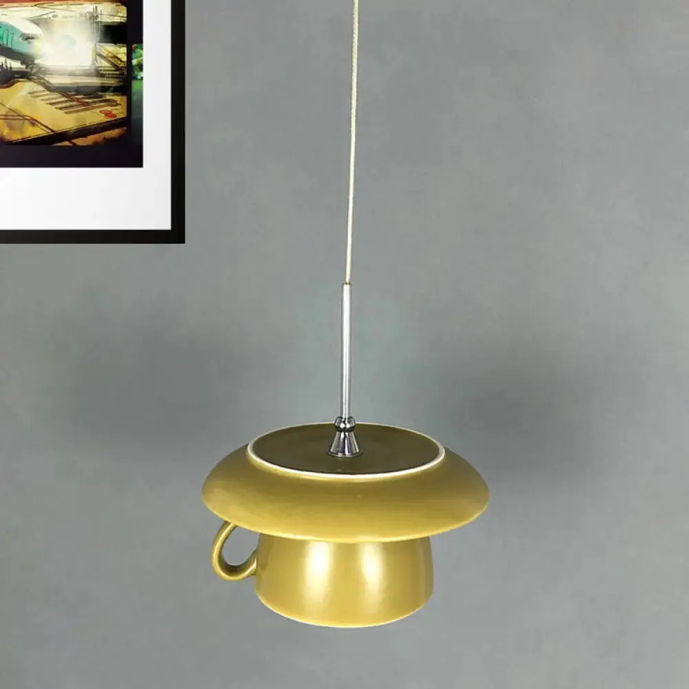 Macaron Pink/Grey/Green LED Pendant Lamp with Coffee Cup Ceramics Shade - Perfect for Restaurants - 1-Light Hanging Lighting