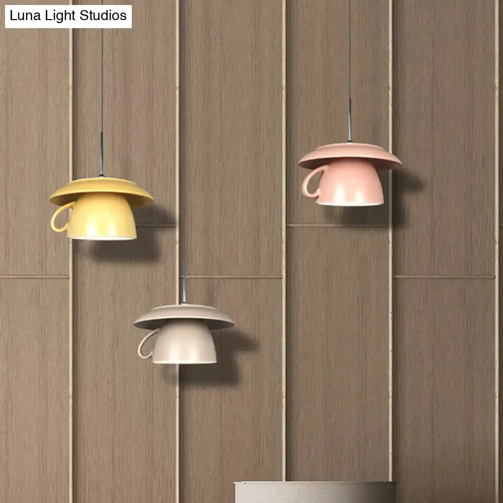 Macaron Pink/Grey/Green LED Pendant Lamp with Coffee Cup Ceramics Shade - Perfect for Restaurants - 1-Light Hanging Lighting