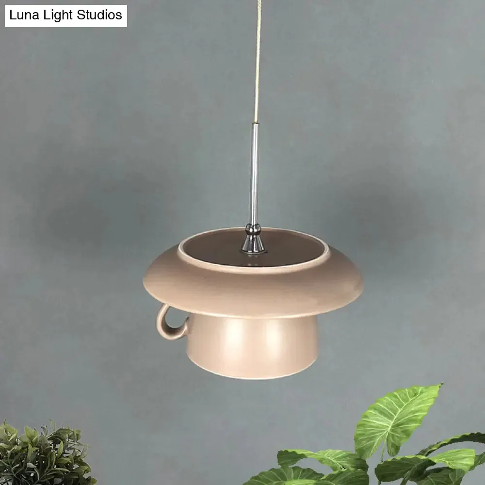 Macaron Pink/Grey/Green LED Pendant Lamp with Coffee Cup Ceramics Shade - Perfect for Restaurants - 1-Light Hanging Lighting