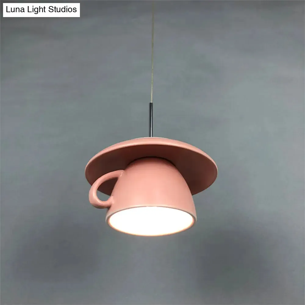 Macaron Pink/Grey/Green LED Pendant Lamp with Coffee Cup Ceramics Shade - Perfect for Restaurants - 1-Light Hanging Lighting