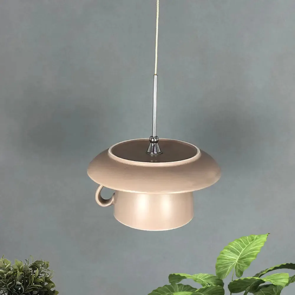 Macaron Pink/Grey/Green LED Pendant Lamp with Coffee Cup Ceramics Shade - Perfect for Restaurants - 1-Light Hanging Lighting