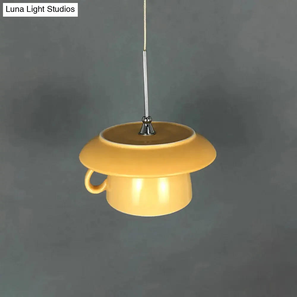 Macaron Pink/Grey/Green LED Pendant Lamp with Coffee Cup Ceramics Shade - Perfect for Restaurants - 1-Light Hanging Lighting