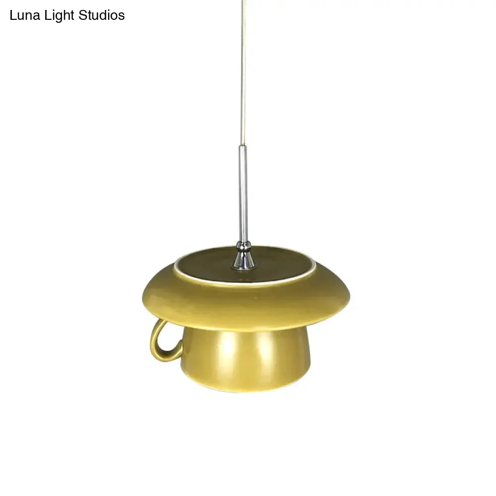 Macaron Pink/Grey/Green LED Pendant Lamp with Coffee Cup Ceramics Shade - Perfect for Restaurants - 1-Light Hanging Lighting