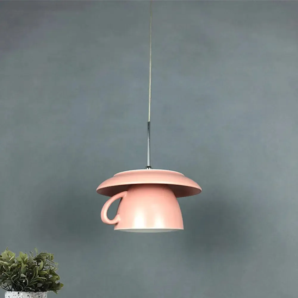 Macaron Pink/Grey/Green LED Pendant Lamp with Coffee Cup Ceramics Shade - Perfect for Restaurants - 1-Light Hanging Lighting