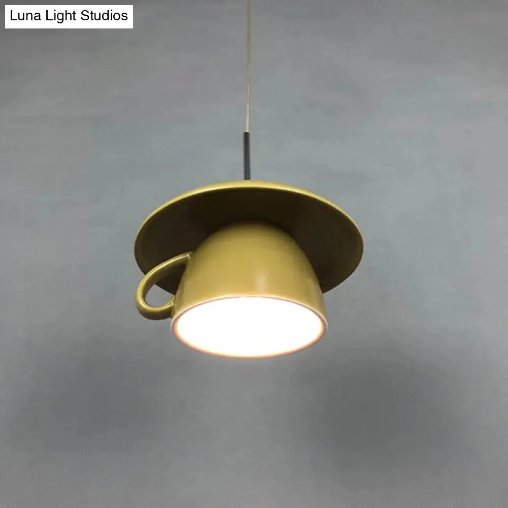 Macaron Pink/Grey/Green LED Pendant Lamp with Coffee Cup Ceramics Shade - Perfect for Restaurants - 1-Light Hanging Lighting