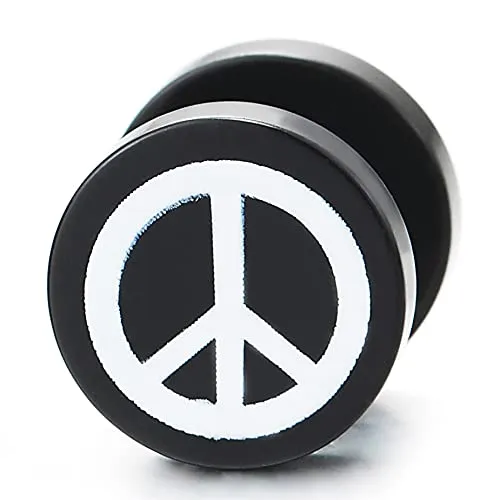 Mens Women Black Circle Stud Earrings with White Anti-War Symbol Steel Cheater Fake Ear Plugs Gauges