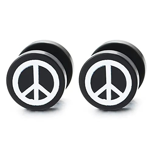 Mens Women Black Circle Stud Earrings with White Anti-War Symbol Steel Cheater Fake Ear Plugs Gauges