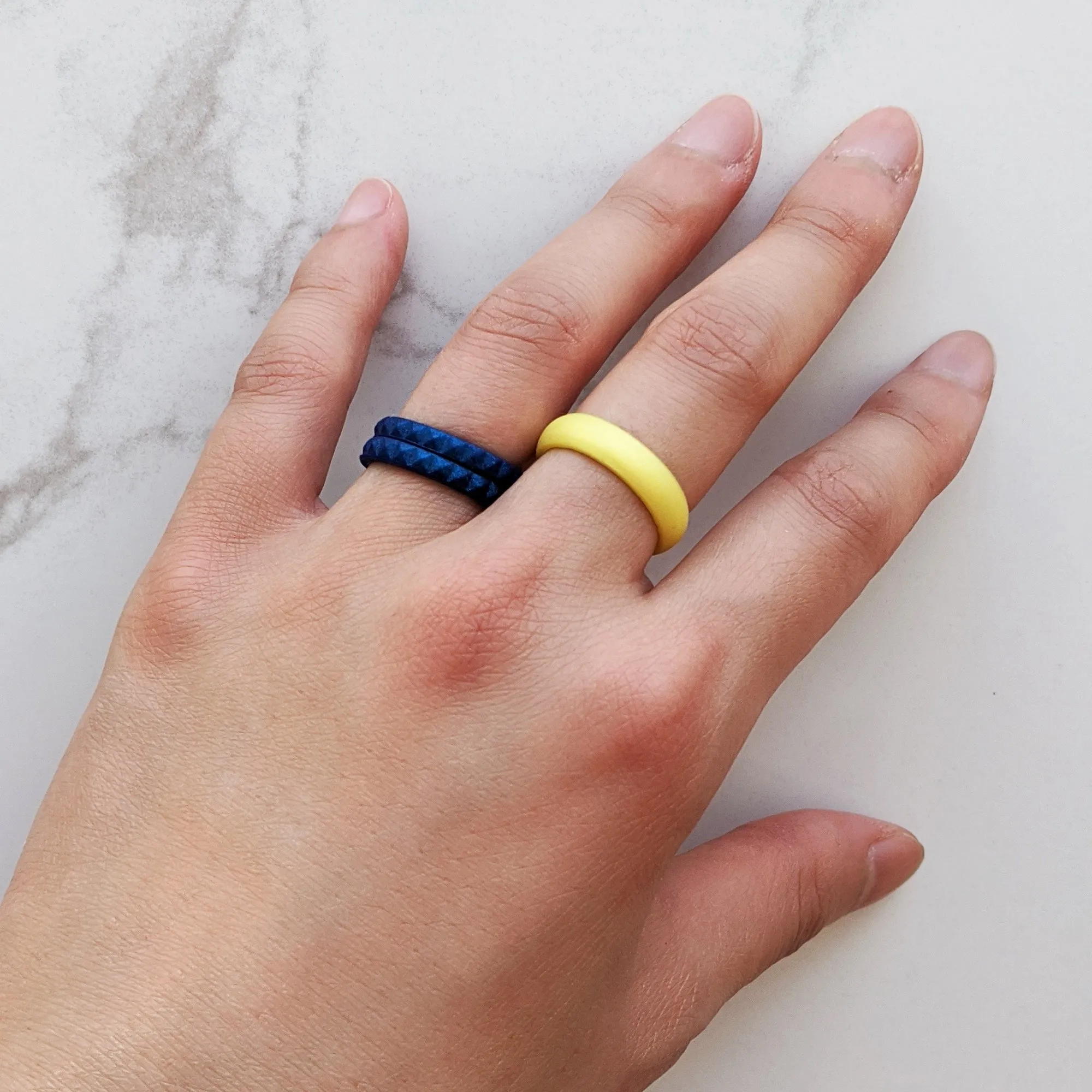 Metallic Blue Sapphire Pyramid Stackable Slim Thin Silicone Ring for Women