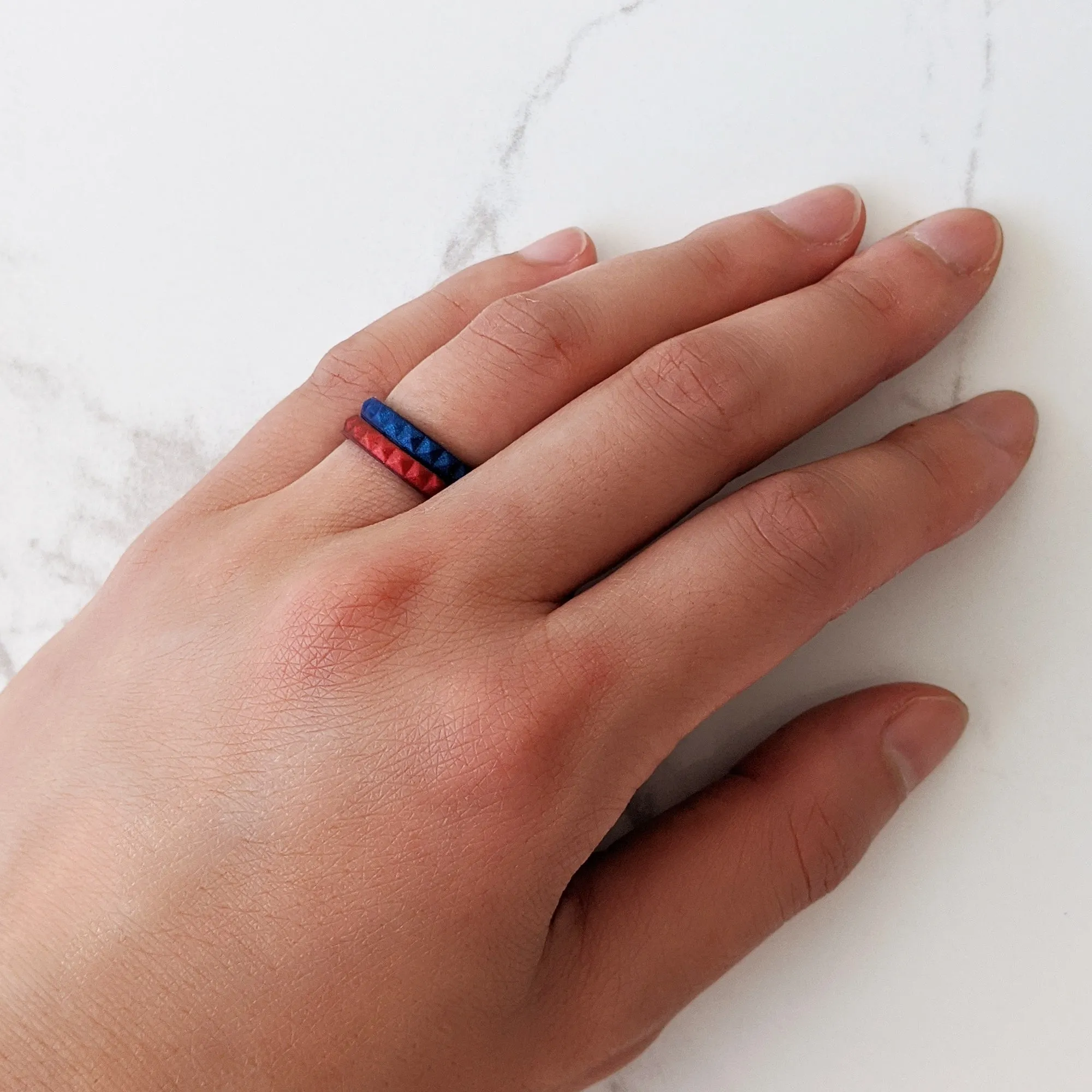 Metallic Blue Sapphire Pyramid Stackable Slim Thin Silicone Ring for Women