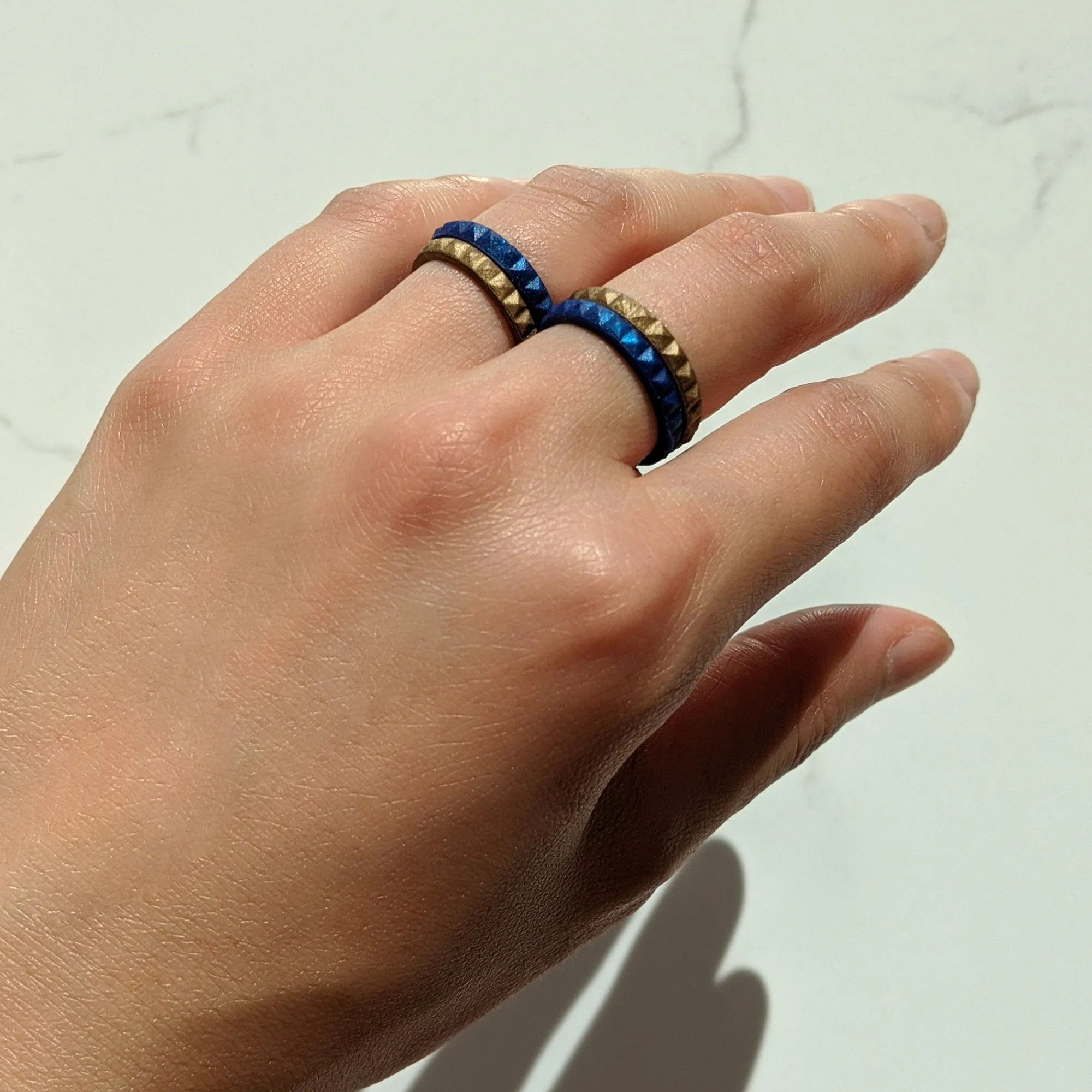 Metallic Blue Sapphire Pyramid Stackable Slim Thin Silicone Ring for Women