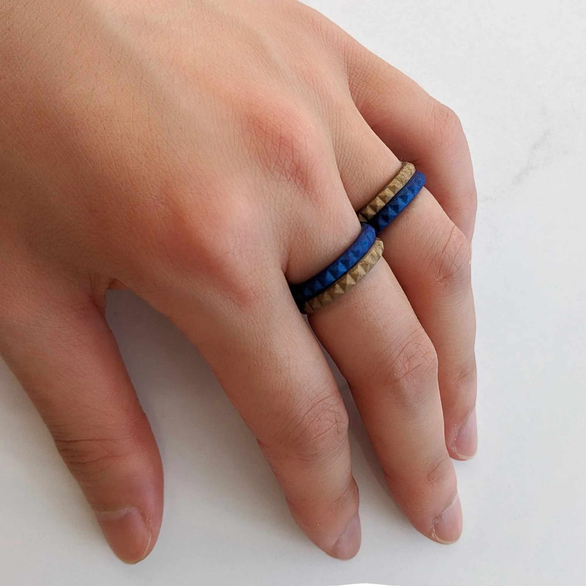 Metallic Blue Sapphire Pyramid Stackable Slim Thin Silicone Ring for Women