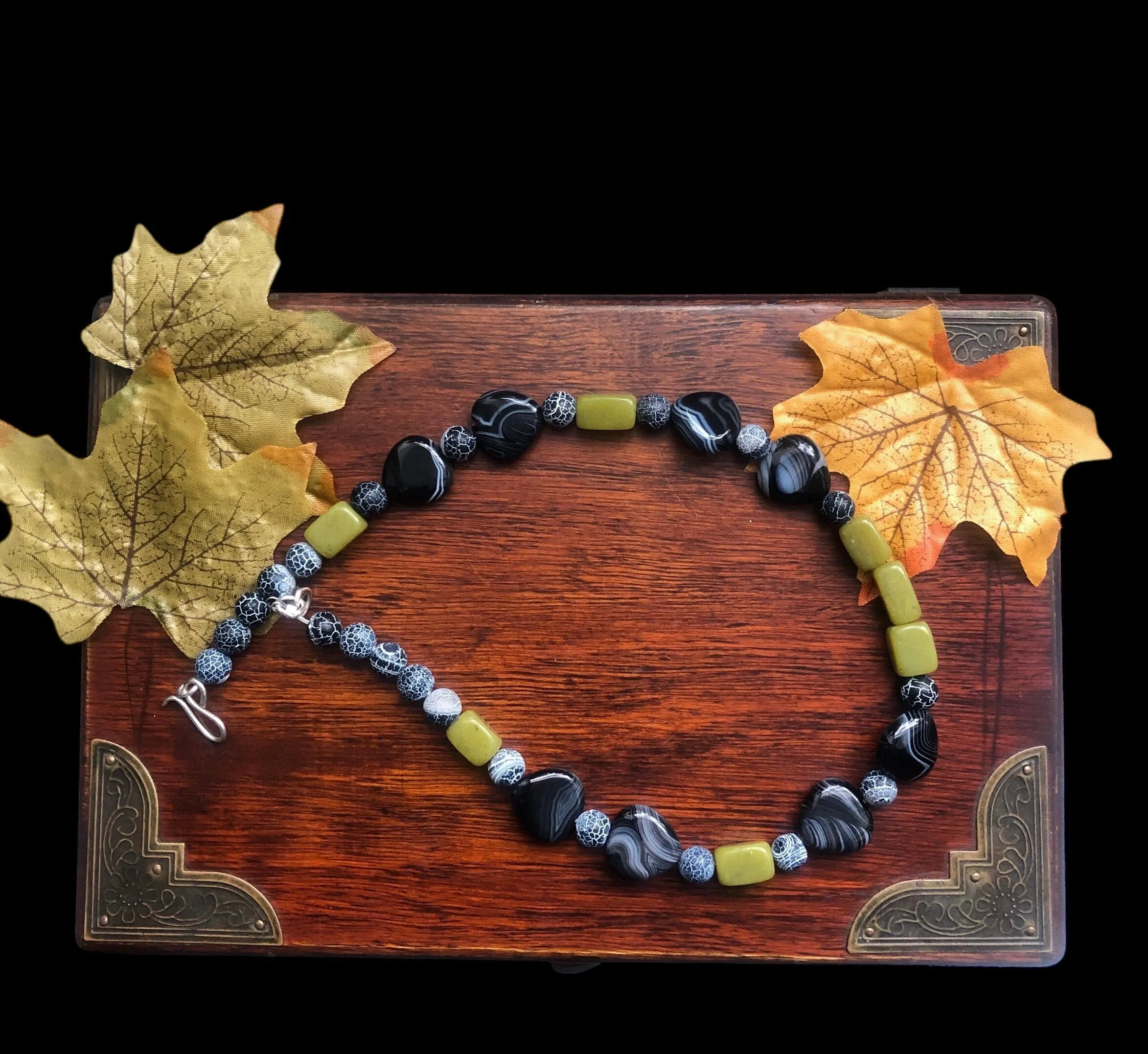 Olive Jade, Black Striped and Frost Cracked Agates Beaded Necklace