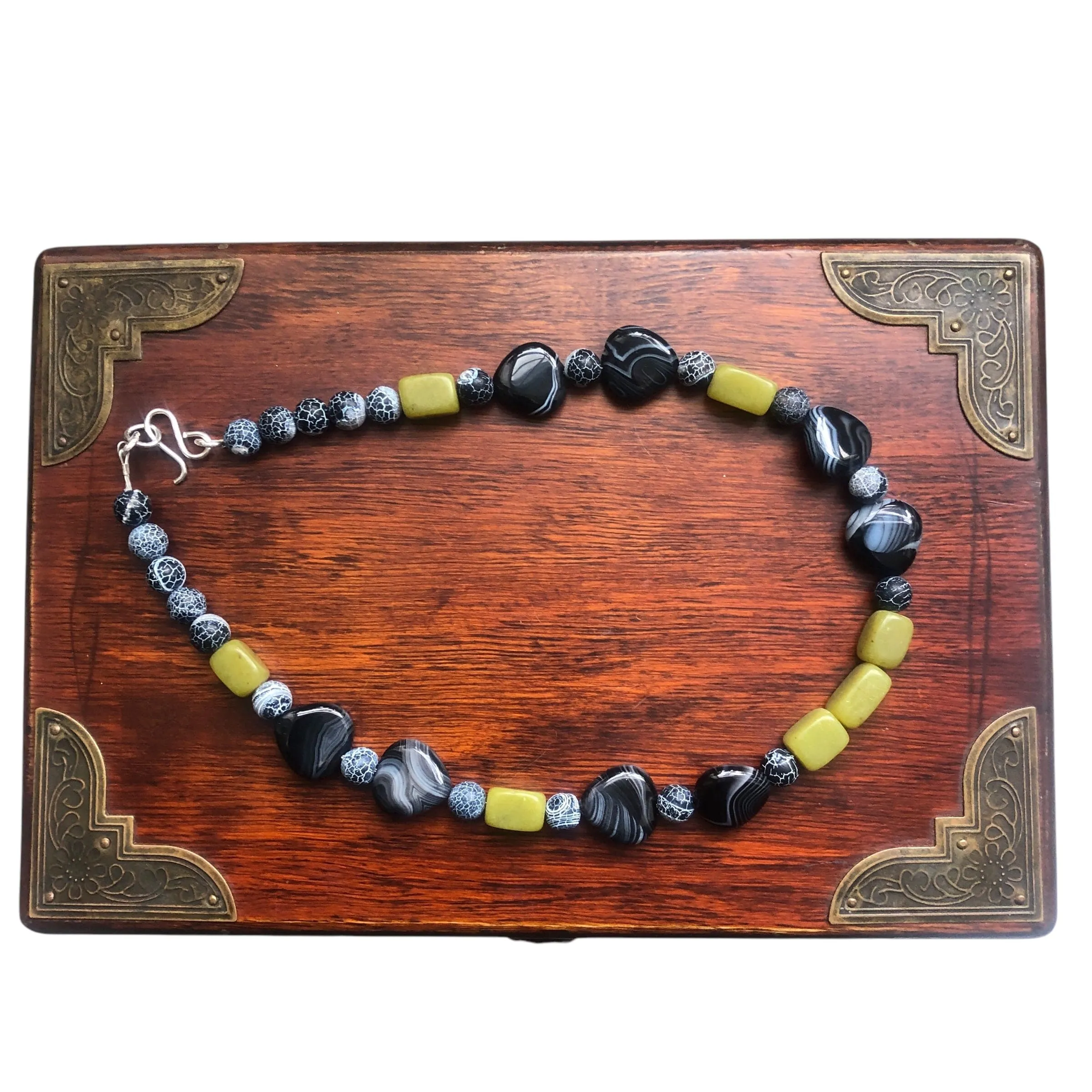 Olive Jade, Black Striped and Frost Cracked Agates Beaded Necklace