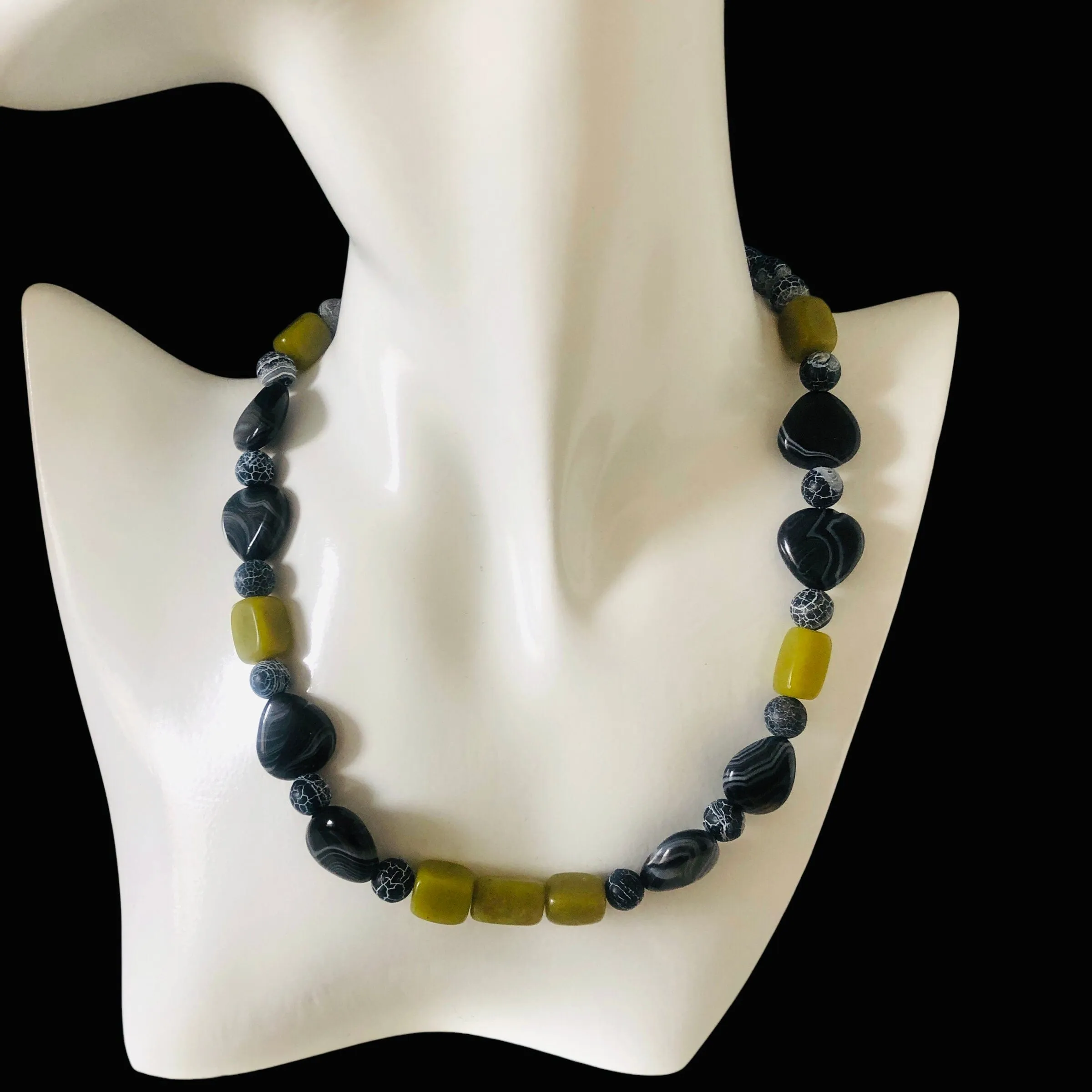 Olive Jade, Black Striped and Frost Cracked Agates Beaded Necklace