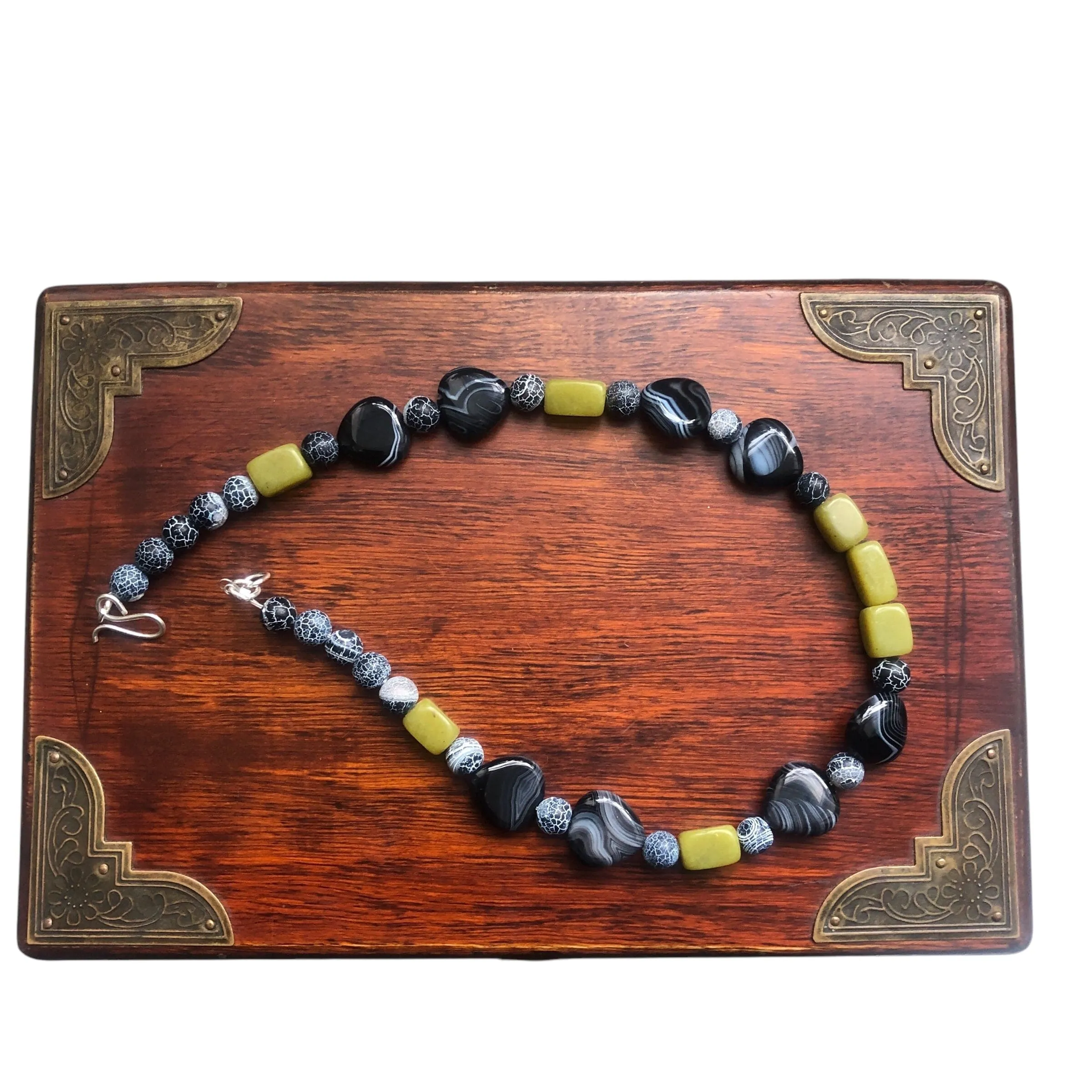 Olive Jade, Black Striped and Frost Cracked Agates Beaded Necklace