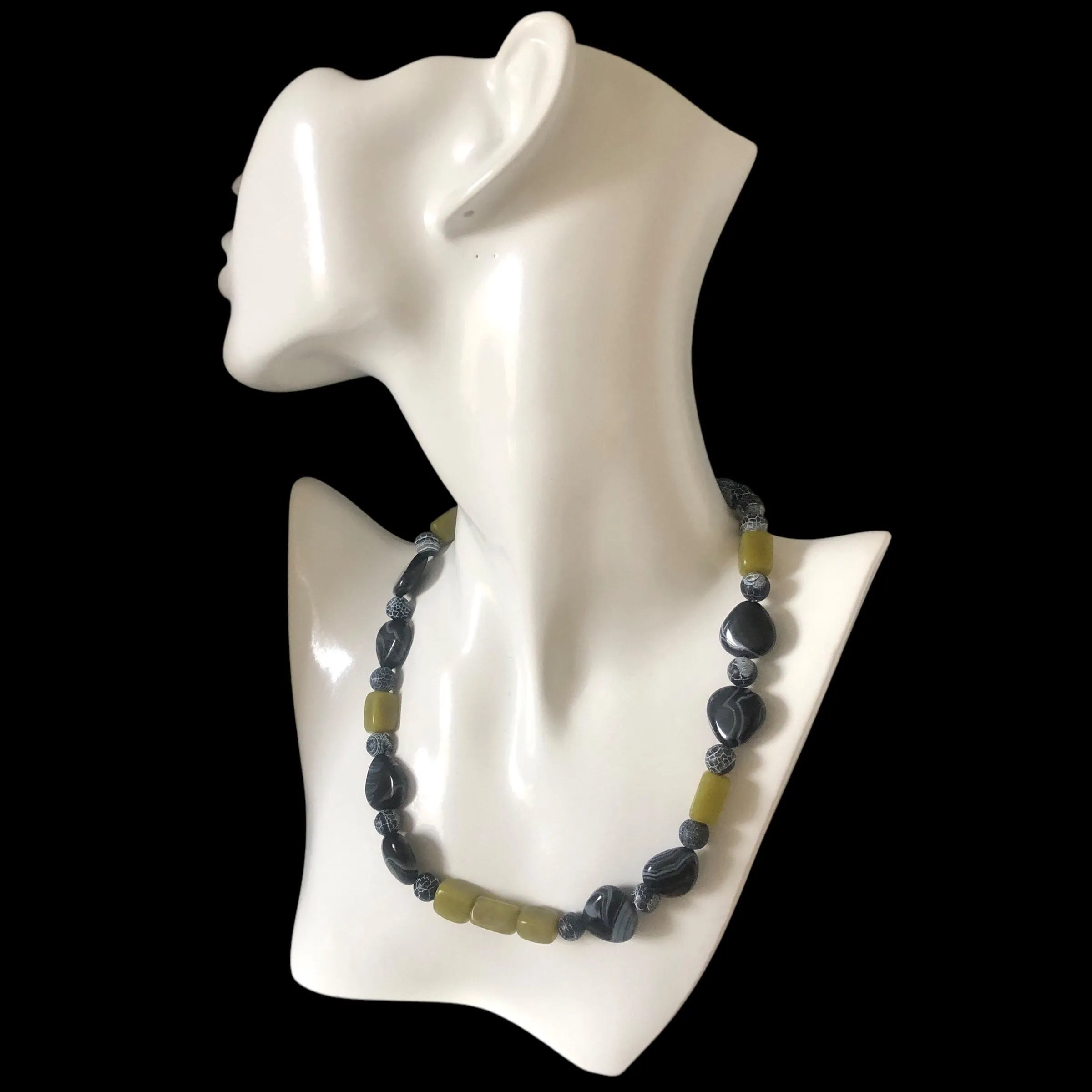 Olive Jade, Black Striped and Frost Cracked Agates Beaded Necklace