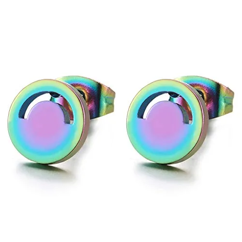 Pair 8MM Stainless Steel Rainbow Oxidized Circle Stud Earrings for Men and Women, New Style