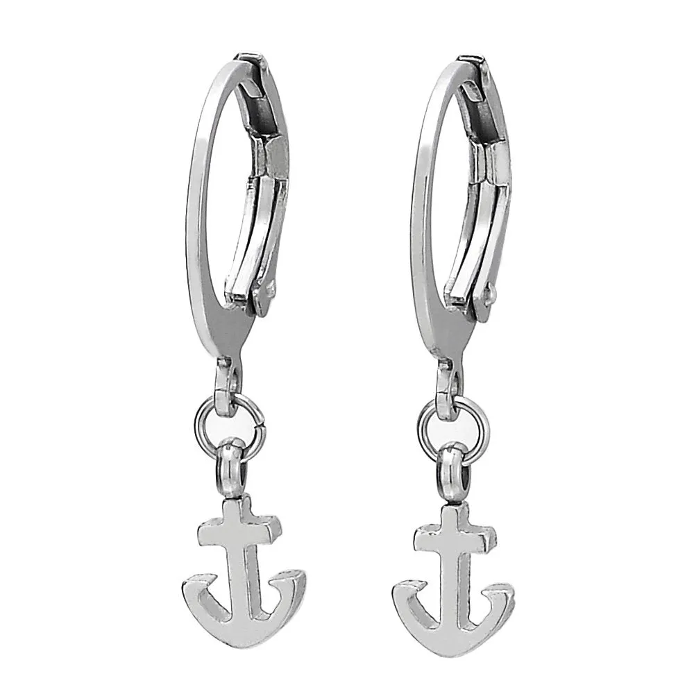 Pair Men Women Huggie Hinged Hoop Earrings with Dangling Marine Anchor in Stainless Steel