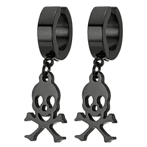 Pair Mens Women Black Steel Clip On Huggie Hinged Hoop Earring with Pirate Skull Non-Piercing Earring