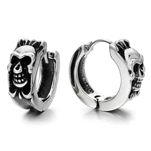 Pair Vintage Skull Huggie Hinged Hoop Earrings Stainless Steel Unisex Men Women