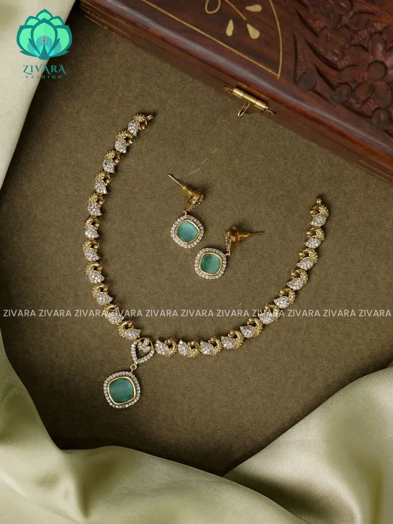 PASTEL GREEN - PEACOCK AND SQUARE PENDANT   - stylish and minimal elegant neckwear with earrings- Zivara Fashion