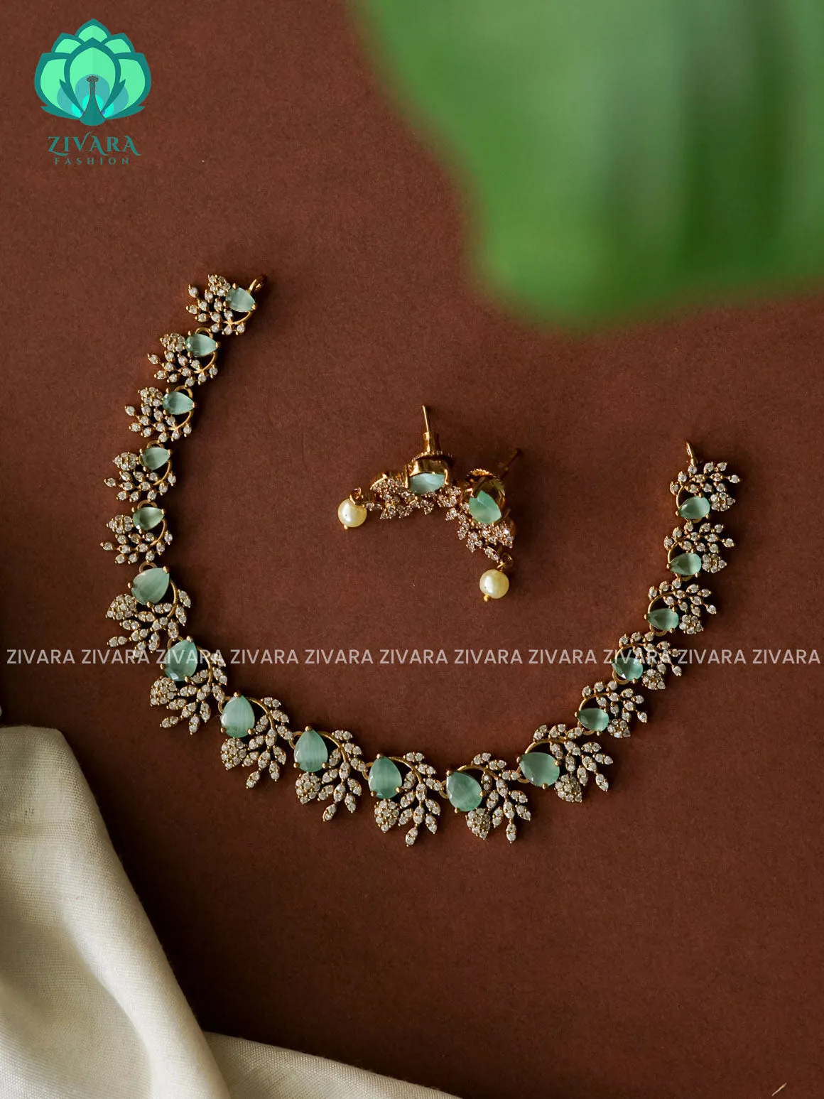 PASTEL GREEN - TEAR AND LEAF CLUSTER- SUBTLE GOLD POLISH stylish and minimal elegant neckwear with earrings- Zivara Fashion