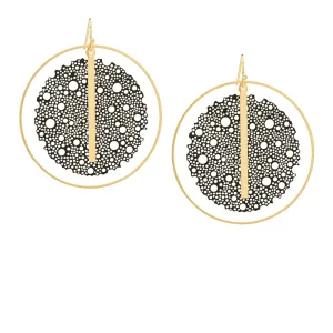 "Le Motif" Black & Gold Mesh and Vertical Bar Drop Hoop Earrings